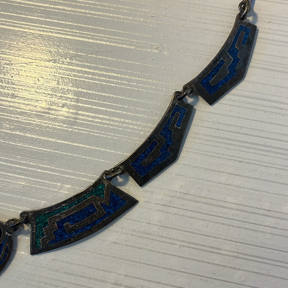 Vintage Mexico Alpaca BIb Necklace Choker Silver With Turquoise Inlay EUC - Picture 10 of 11